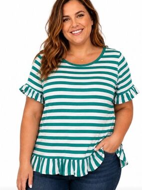 Talbots Green & White Striped Ruffle Sleeve Tee Like New Medium